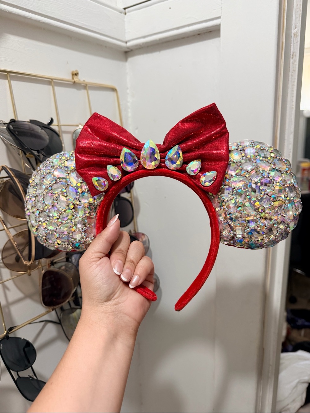Red Sequin Minnie Mouse Disney Style Ear Headband with Iridescent Gems